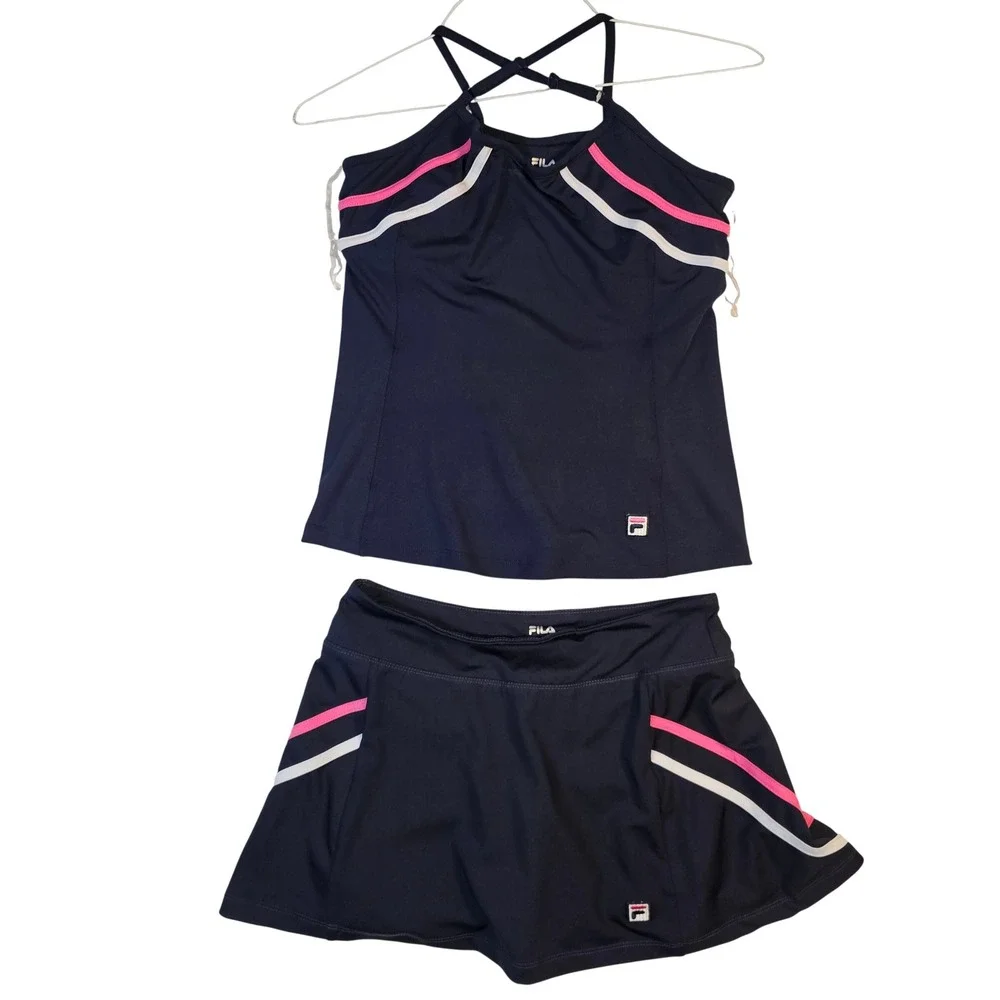 Fila Womens Navy Blue Pink Striped Tennis Skort and Halter Top Set Size Small